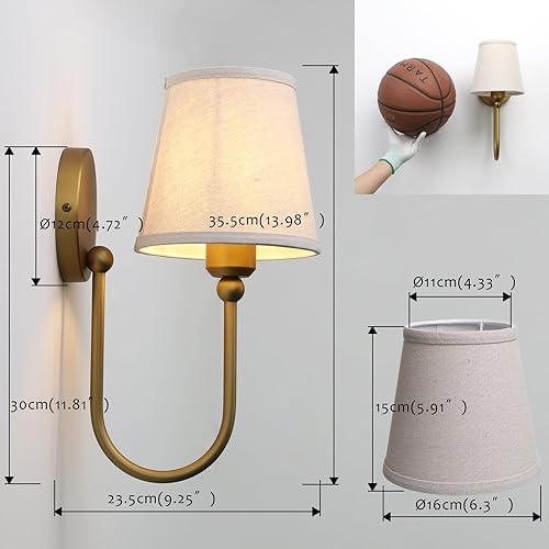 Miniatura 5 de Pathson Antique Linen Fabric Wall Sconces Set of 2, Hardwired Curved Arm Bathroom Vanity Light, Indoor Wall Decor Lamp for Living Room, Kitchen,