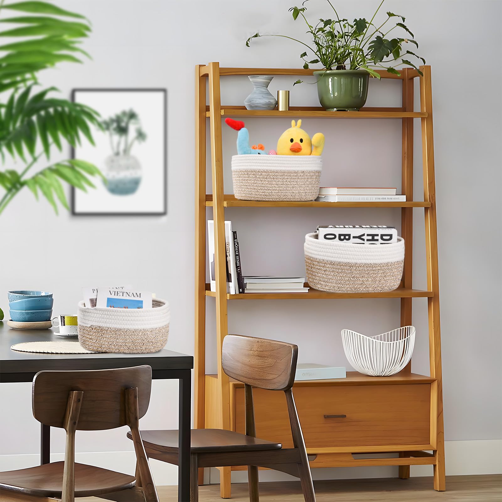 Lot de 5 petits paniers de rangement tissés en coton pour l'organisation, paniers de rangement pliables avec poignées pour le salon (blanc/marron)