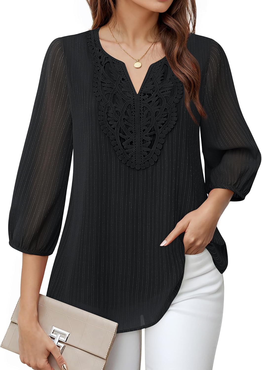 VALOLIA Women's Casual 3/4 Sleeve Chiffon Blouses V Neck Layered Embroidery Tunic Shirts