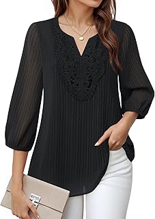 Women's Casual 3/4 Sleeve Chiffon Blouses V Neck Layered Embroidery Tunic Shirts - Buy now