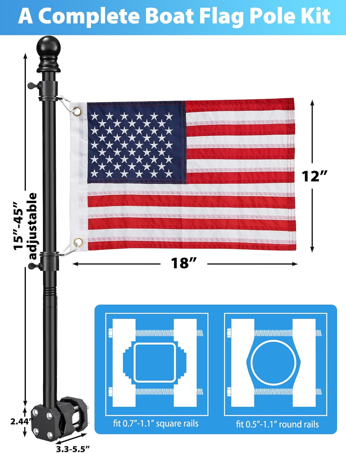 Boat Flag Pole, Pontoon Boat Accessories Flag Pole Kit, Flag Pole with 12”x18” American Flag, Adjustable Holder Mount, Tangle Free Rings, Metal Black Marine Flags Pole Fit 0.5”-1.1” Yacht Rails - Image 4