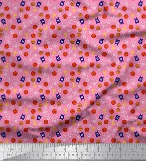 Soimoi Rayon Crepe Pink Fabric - by The Yard - 46 Inch Wide - Trophy, Timer Clock & Basketball Sports - Championship Time with Trophy, Timer Clock, and Basketball Prints Printed Fabric