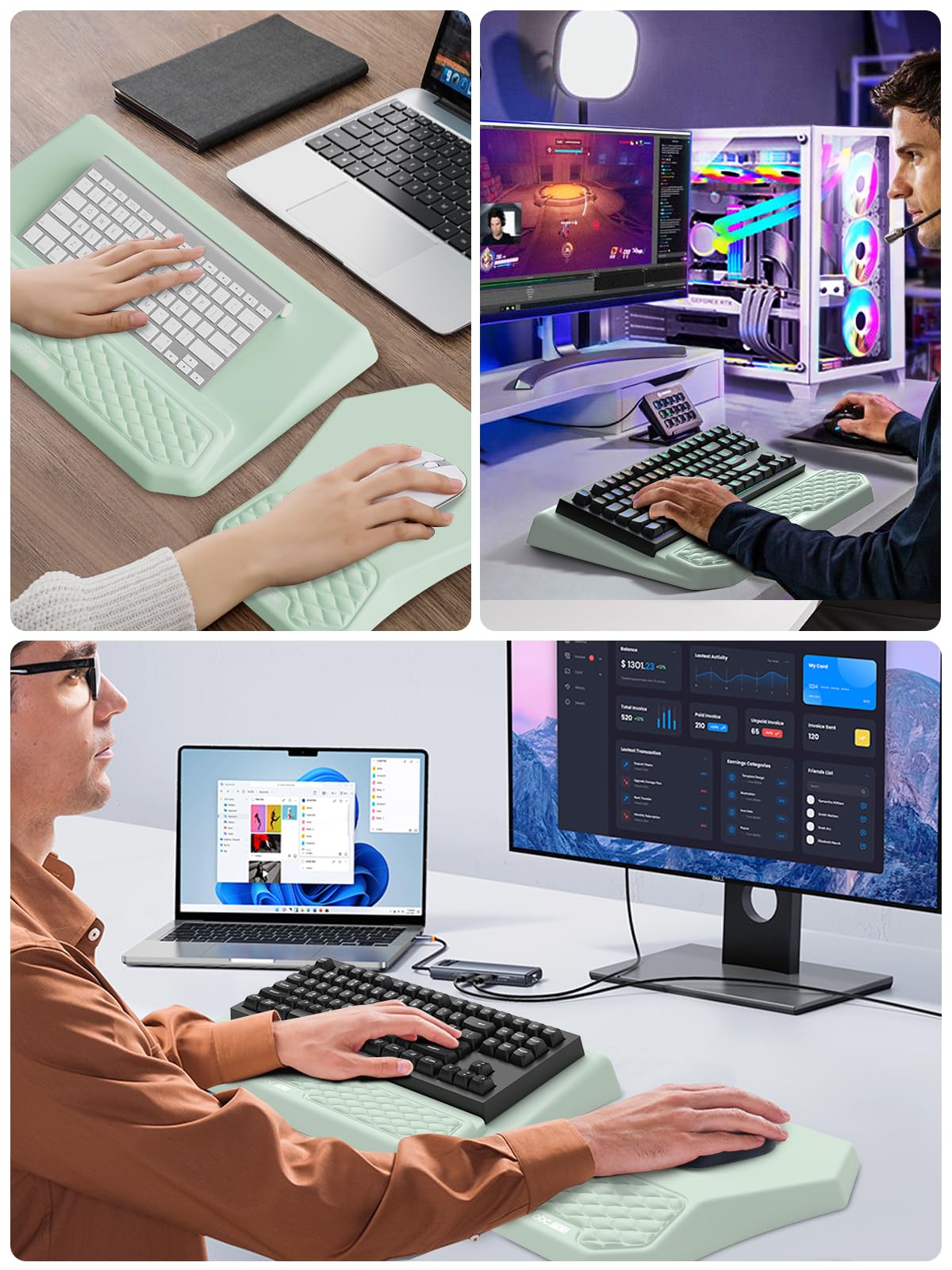 Set di supporto ergonomico 3 in 1 per tastiera con poggiapolsi e tappetino per mouse, comodo supporto per tastiera, morbido tappetino per mouse con design massaggiante, memory foam e base antiscivolo
