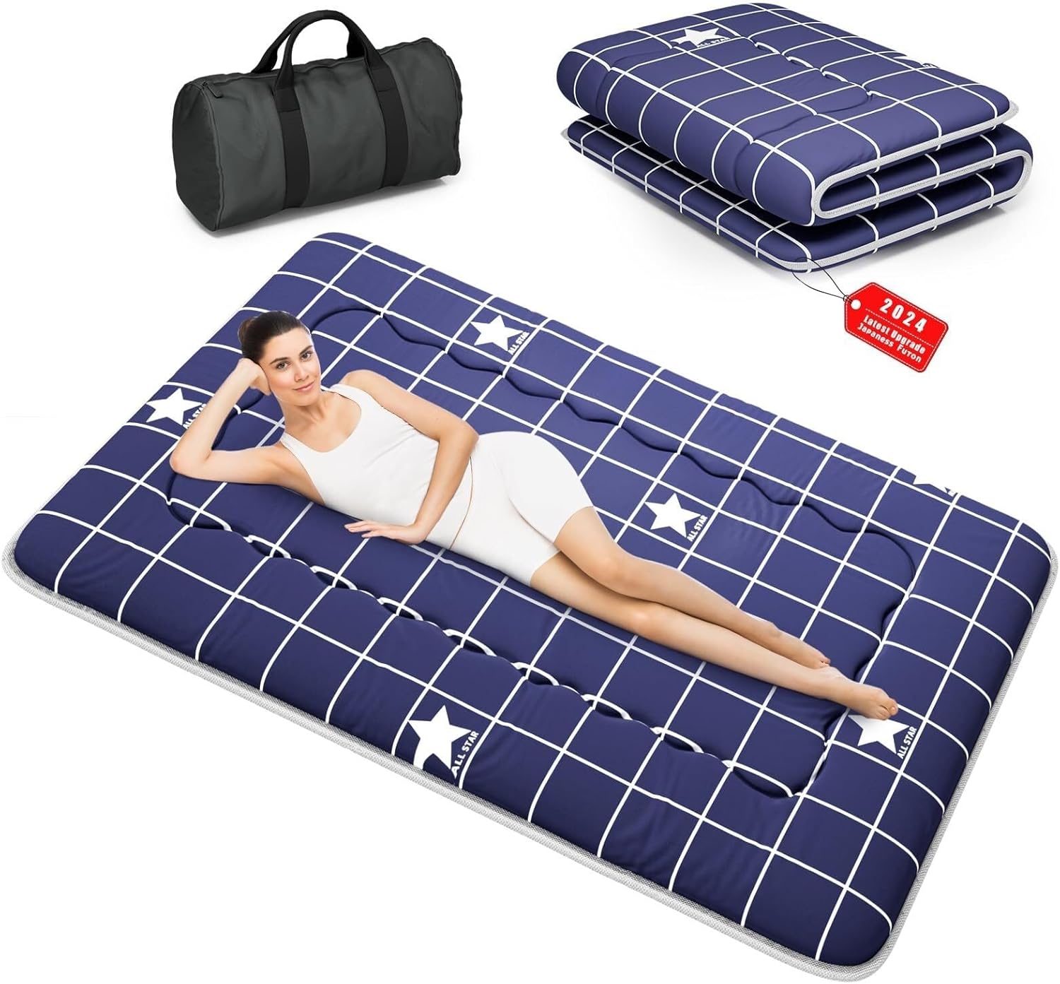 Generic Japanese Futon Mattress, Foldable Tatami Mat Portable Dormitory Sleeping Pad with Bag & Strap, Floor Mattress Thicken Sleeping Mattress Roll up Camping Mattress (Blue Star H1, 60""X80"")