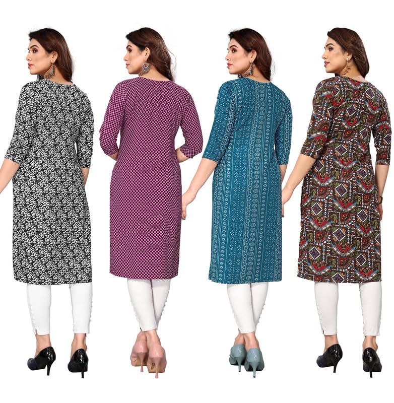 Image of JAKHANA Women's Crepe Printed Casual Straight Calf Length Round Nick Kurta Pack of 4