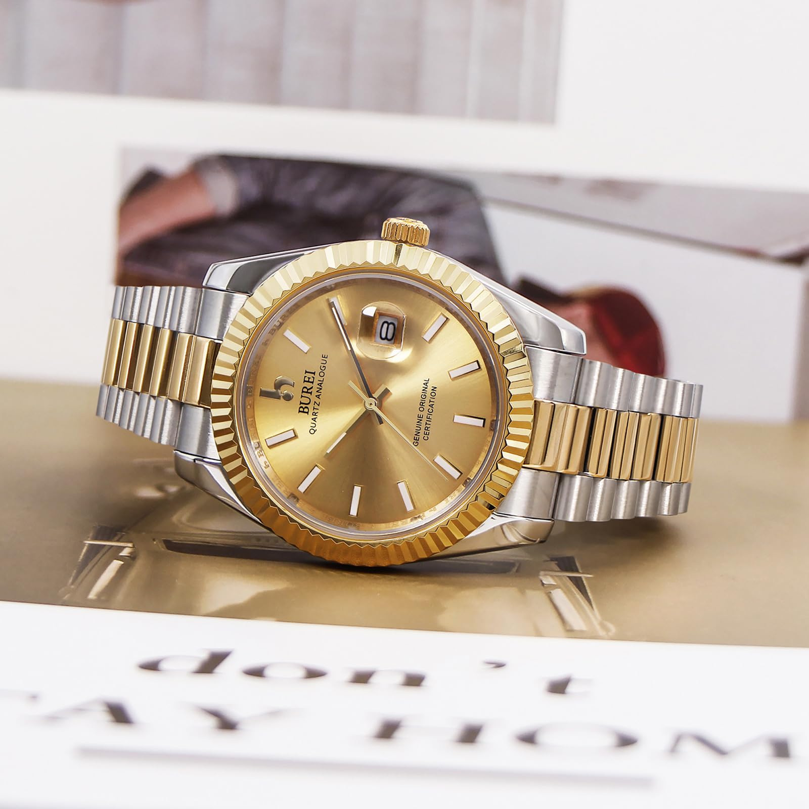 BUREI Ultradünne Herrenuhr – Minimalistisches Analog-Design, wasserdichtes Quarzwerk, Geschenk für Männer (Weiß/blau)