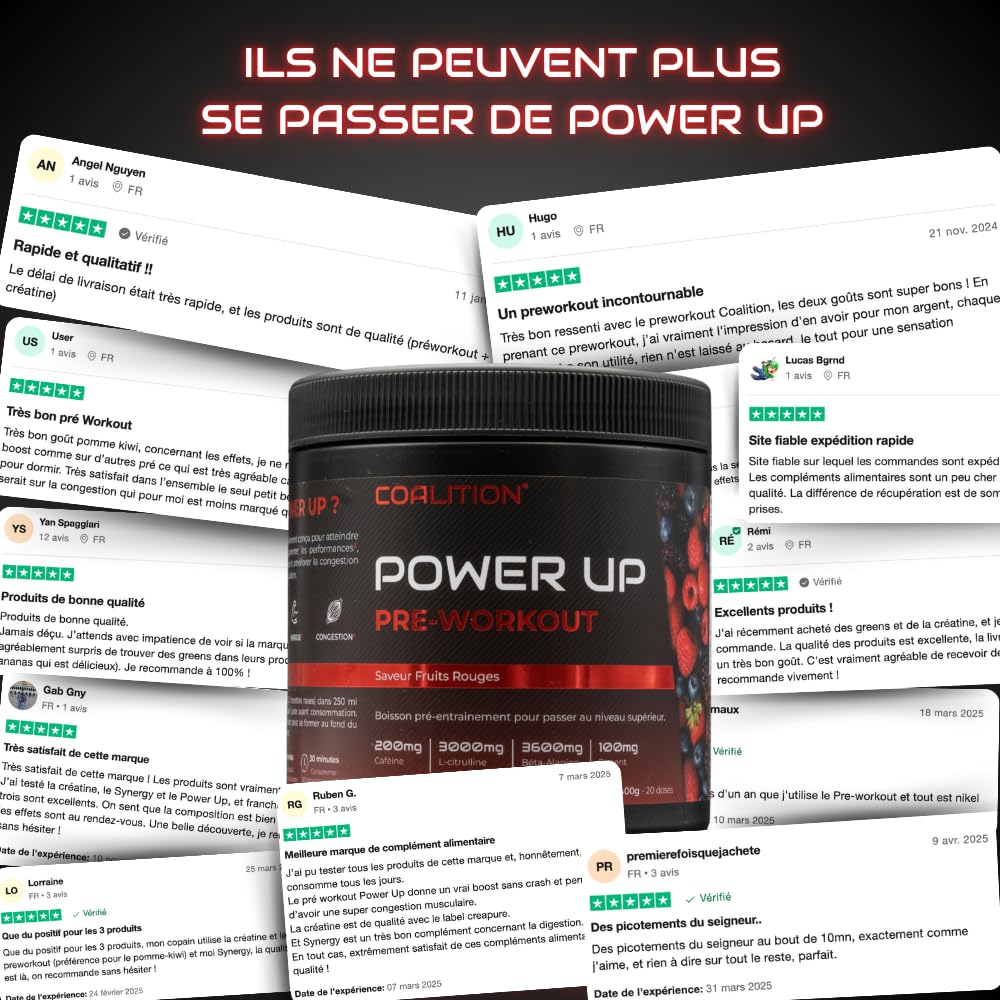 Pre Workout Power Up@ | Booster pump puissant avant entrainement musculation homme pour améliorer force et concentration | Complément alimentaire Preworkout boisson énergisante poudre | Fruits rouges