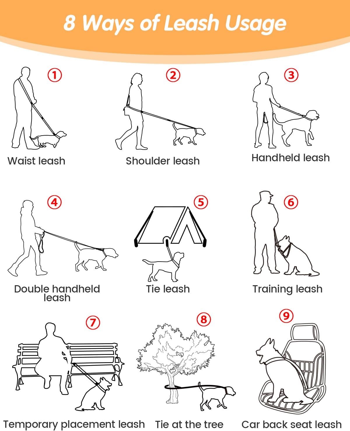 Hands Free Dog Leash with Car Seatbelt, Multifunctional Waist & Crossbody Dog Leash, 6.3-9.5Ft Adjustable 2-in-1 Handheld & Belt Design, Reflective Stitching for Medium & Large Dogs Walking, Running,