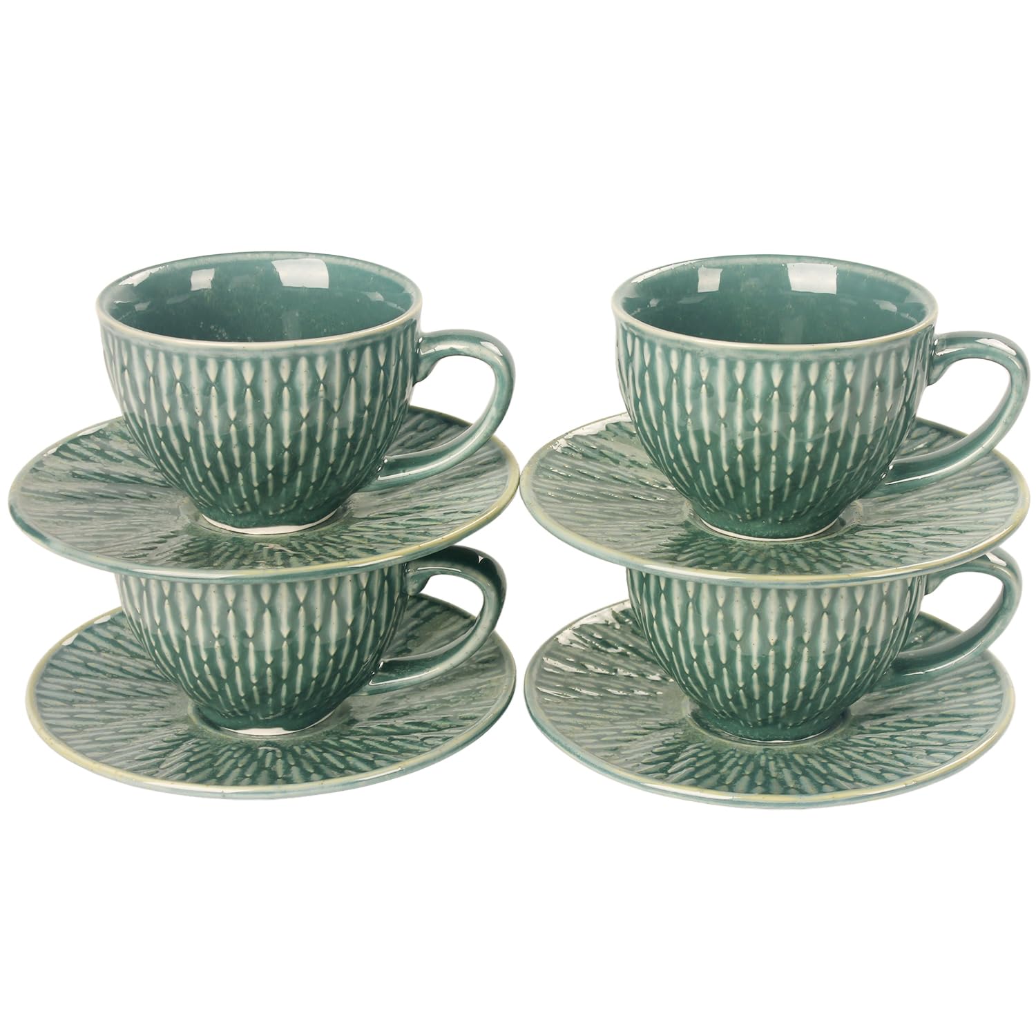 Set di tazze da caffè in ceramica con piattino, 8 pezzi, impilabili, per latte, tè caldo, cappuccino, moka, cacao, lavastoviglie e microonde, verde scuro