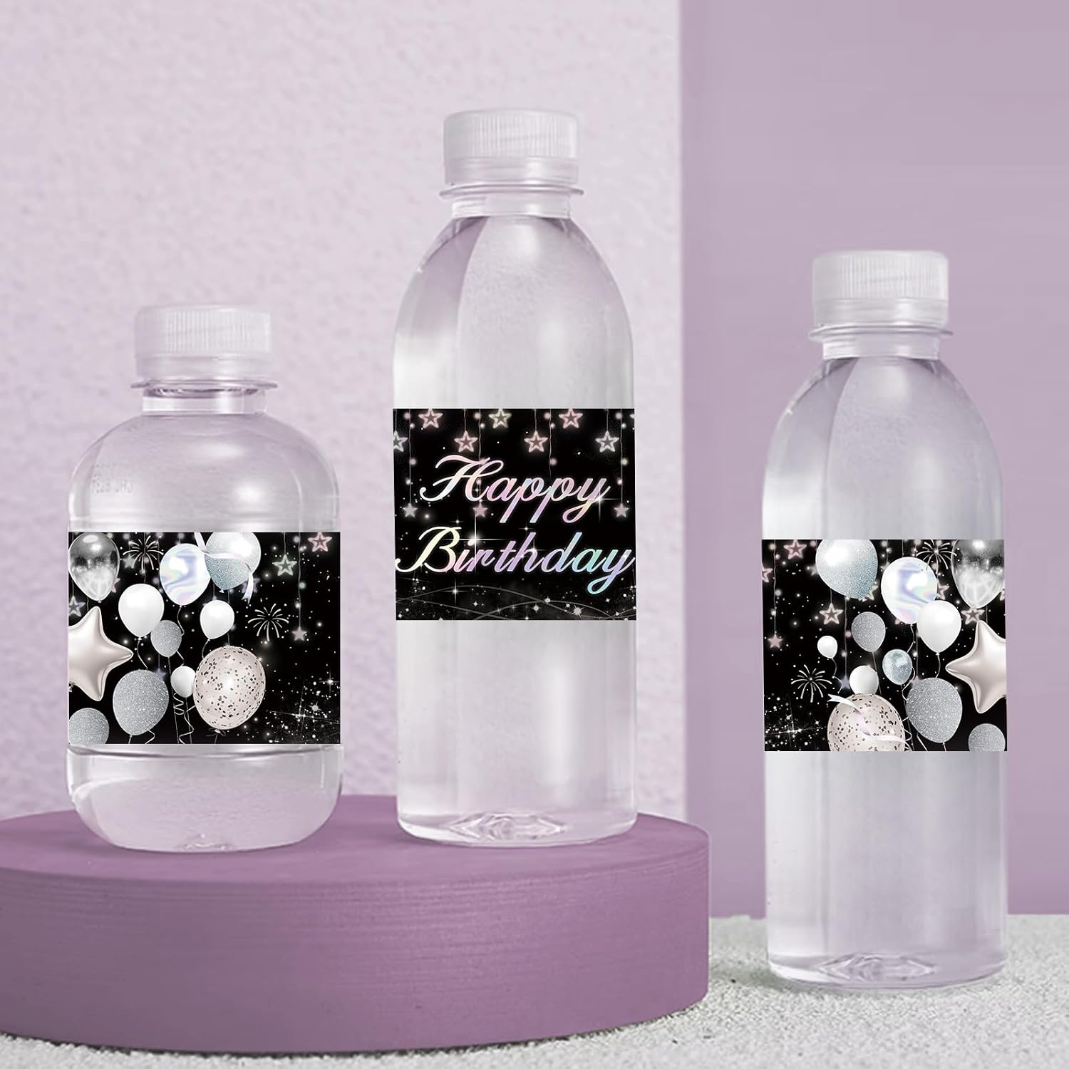 Water Bottle Labels, 50Pcs Happy Birthday Bottle Stickers Waterproof Black and Silver Balloon Banner Happy Birthday Theme Water Bottle Wraps