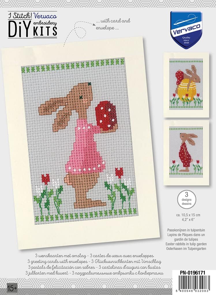 Vervaco Counted Cross Stitch Greeting Card Kit 4.2"X6" 3/Pk-Easter Rabbits (14 Count) -V0196171