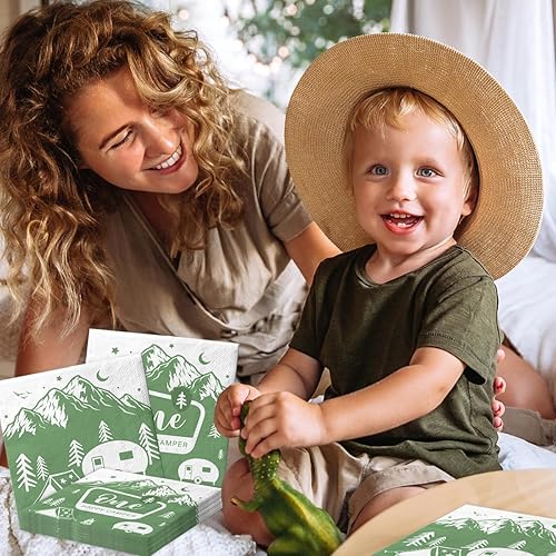 Miniatura 2 de 40 servilletas de camping con temática verde para cumpleaños de un campista feliz, servilletas de papel desechables para niños y niñas, primer