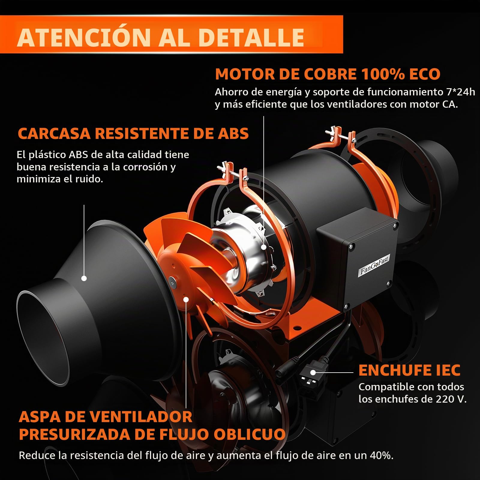 FanGoFast Extractor de Aire 100mm Regulable, 360 m³/h En Línea Ventilador Extractor de Conducto con enchufe IEC para Baño, Booster, tienda de cultivo, Garage, Cucina