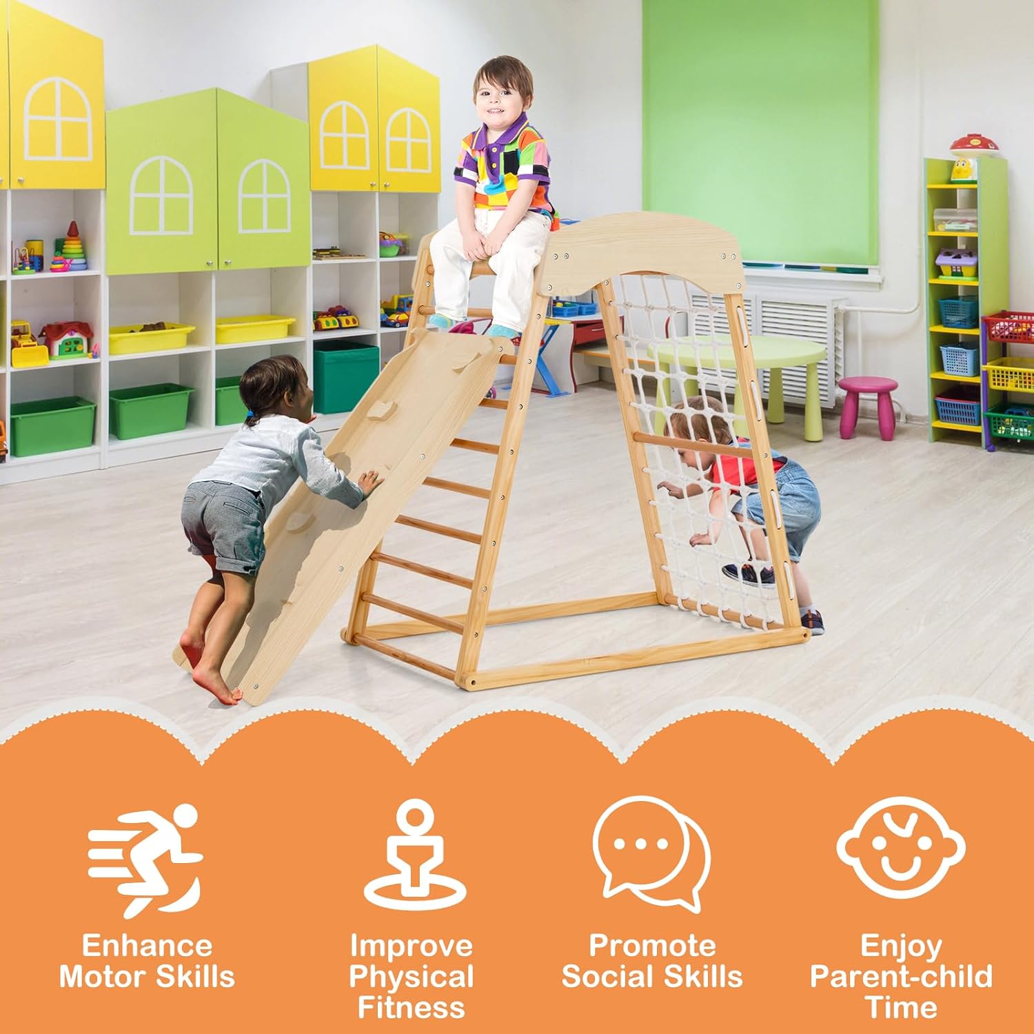Costzon Indoor Jungle Gym, 6-in-1 Montessori Climbing Toys for Toddlers with Double-Sided Slide, Climbing Rock/Net, Indoor Wooden Playground Climber Playset for Kids 2-6 Years Birthday