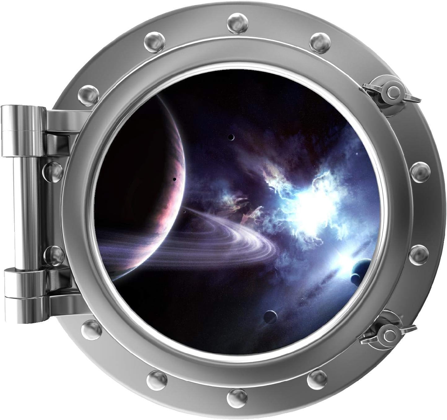 24" PortScape Wall Decal Space Silver Porthole 3D Window Saturn & Moons #1 Planets Removable Fabric Vinyl Wall Sticker Solar System Boys Kids Room Decor
