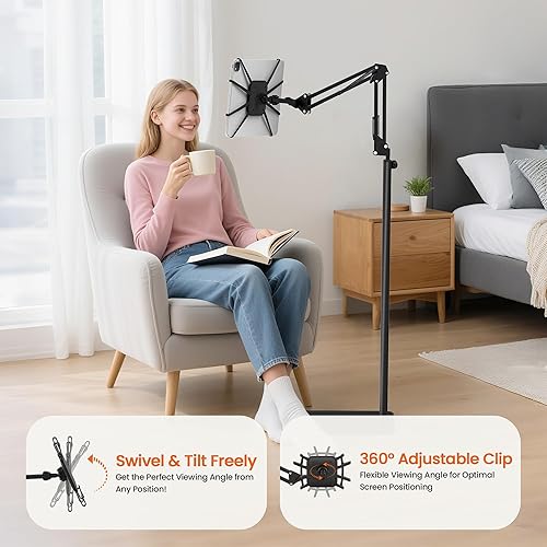 Miniatura 4 de Soporte de suelo para tableta, soporte universal de metal para tableta, soporte ajustable de ángulo de altura de montaje en altura, soporte de piso