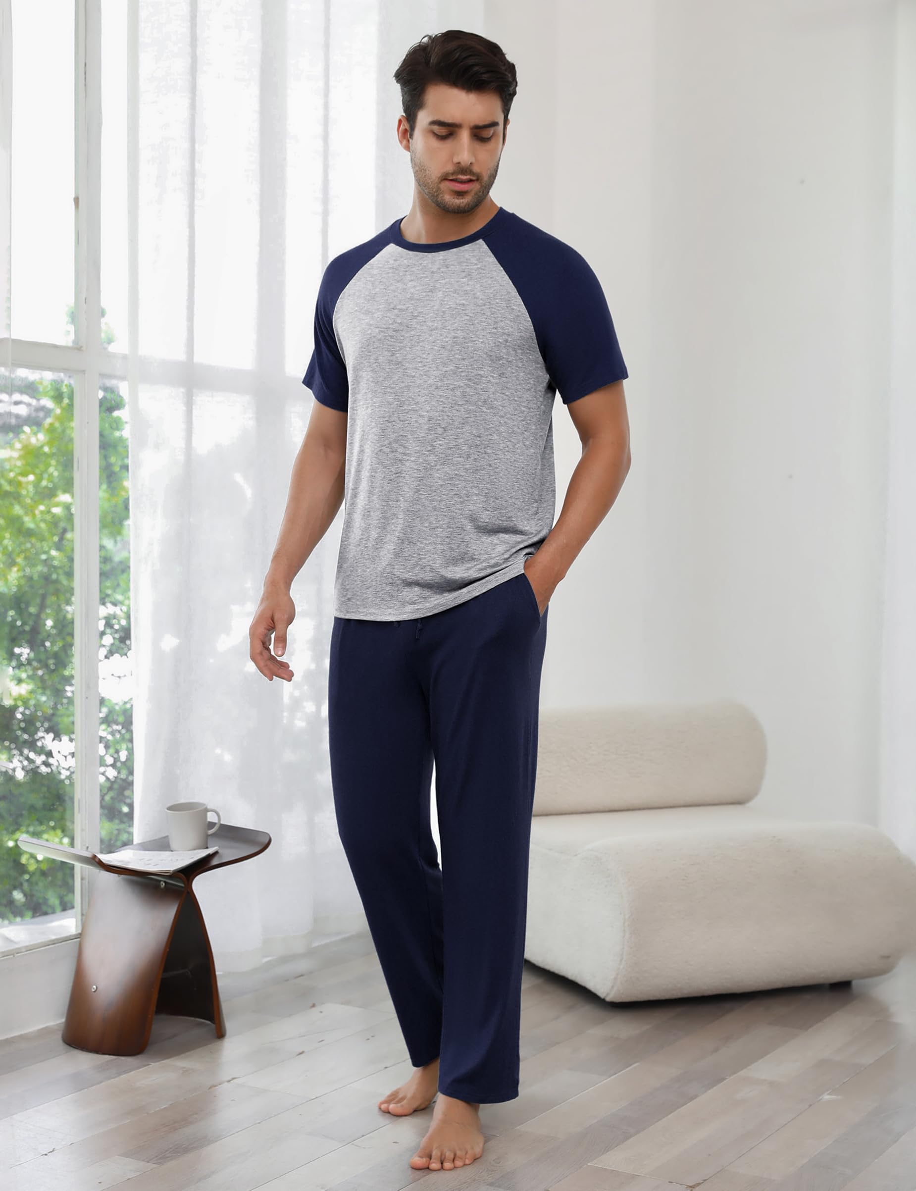 Bresdk Pyjama Homme Coton Ensembles de Pyjamas à Manches Courtes et Pantalons Vêtements de Détente Deux Pièces Confortable Doux