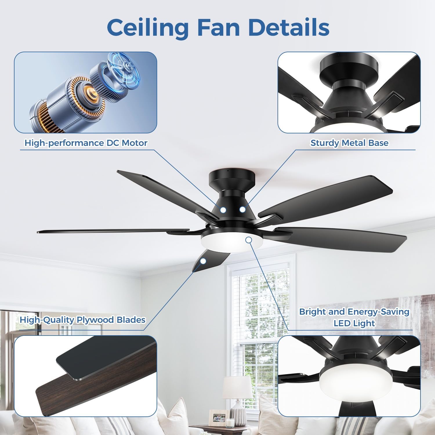 52 Inch Ceiling Fans with Lights, Remote & App Control, Quiet Reversible DC Motor, 6 Speeds, Dimmable 3CCT LED Light, Low Profile Flush Mount Ceiling Fan for Bedroom Living Room, Black