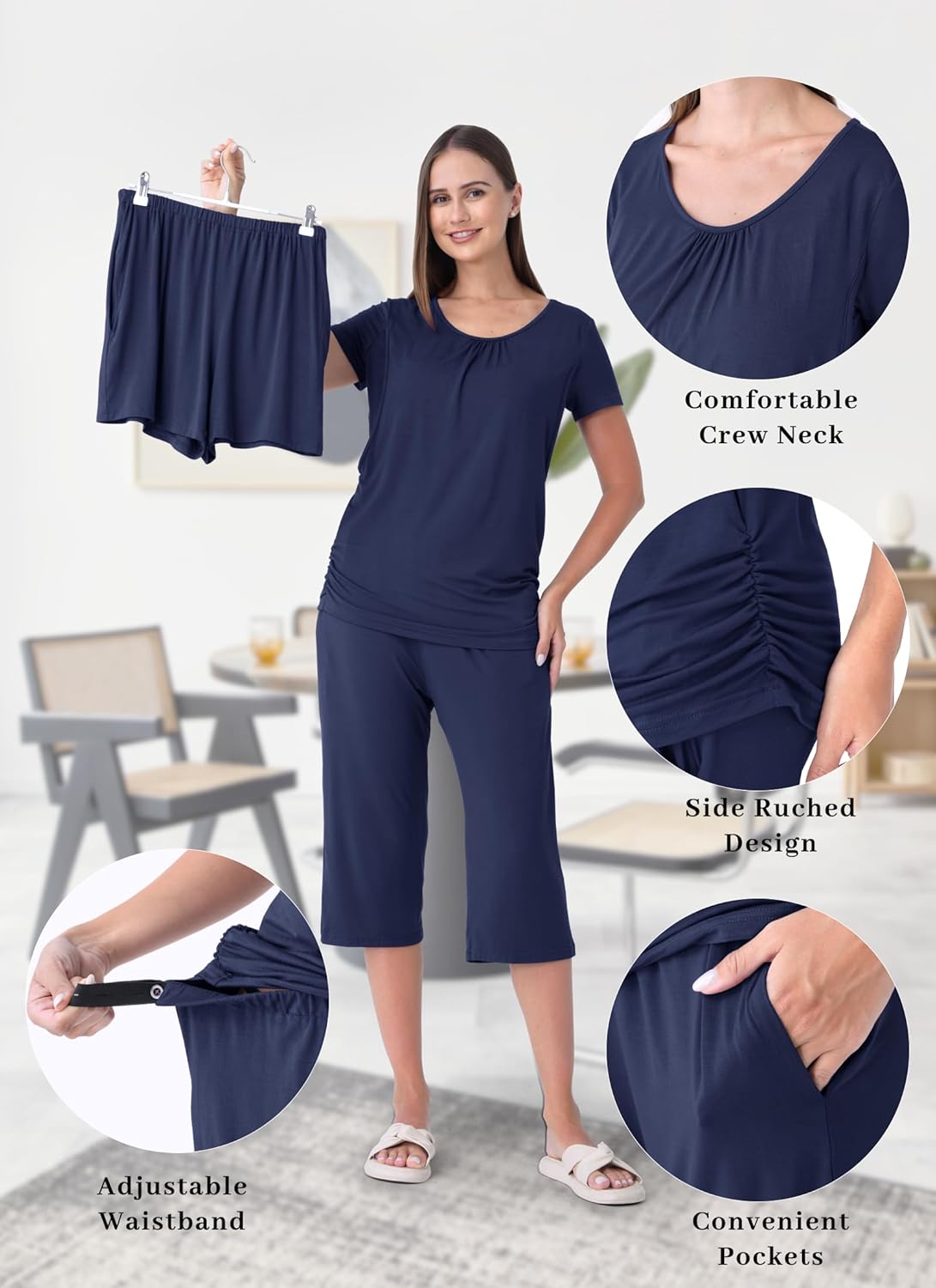 3 Piece Nursing Pajamas Set for Women Breastfeeding Shirts Pjs Postpartum Shorts&Capri Pants Pockets - Image 6