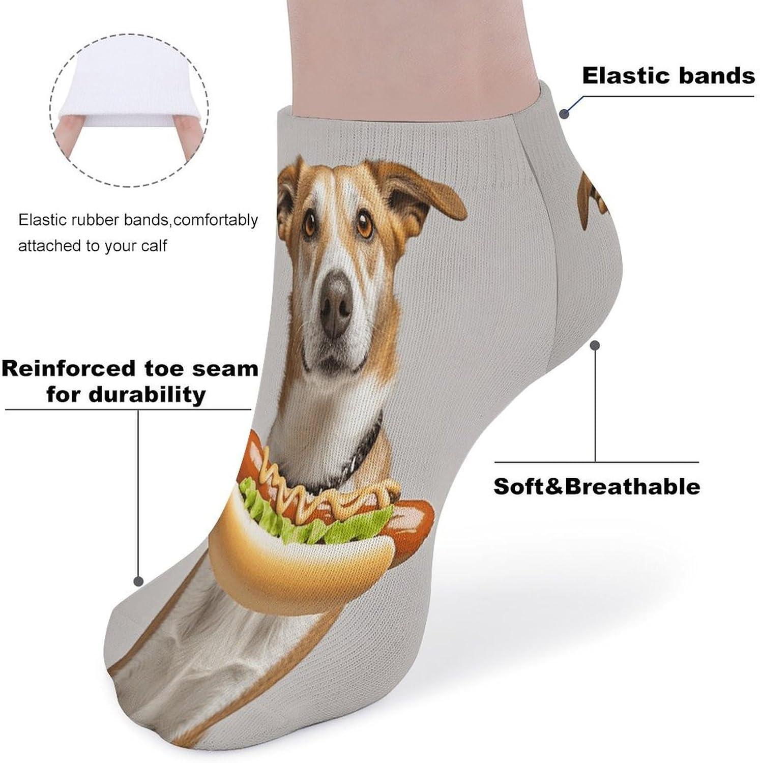 Socks for Men Women 5 Pairs Short Ankle Socks | Dog Holding A Hot Dog Low Cut Casual Crew Sock Cute Breathable Athletic Socks Non Slip No Show Sock