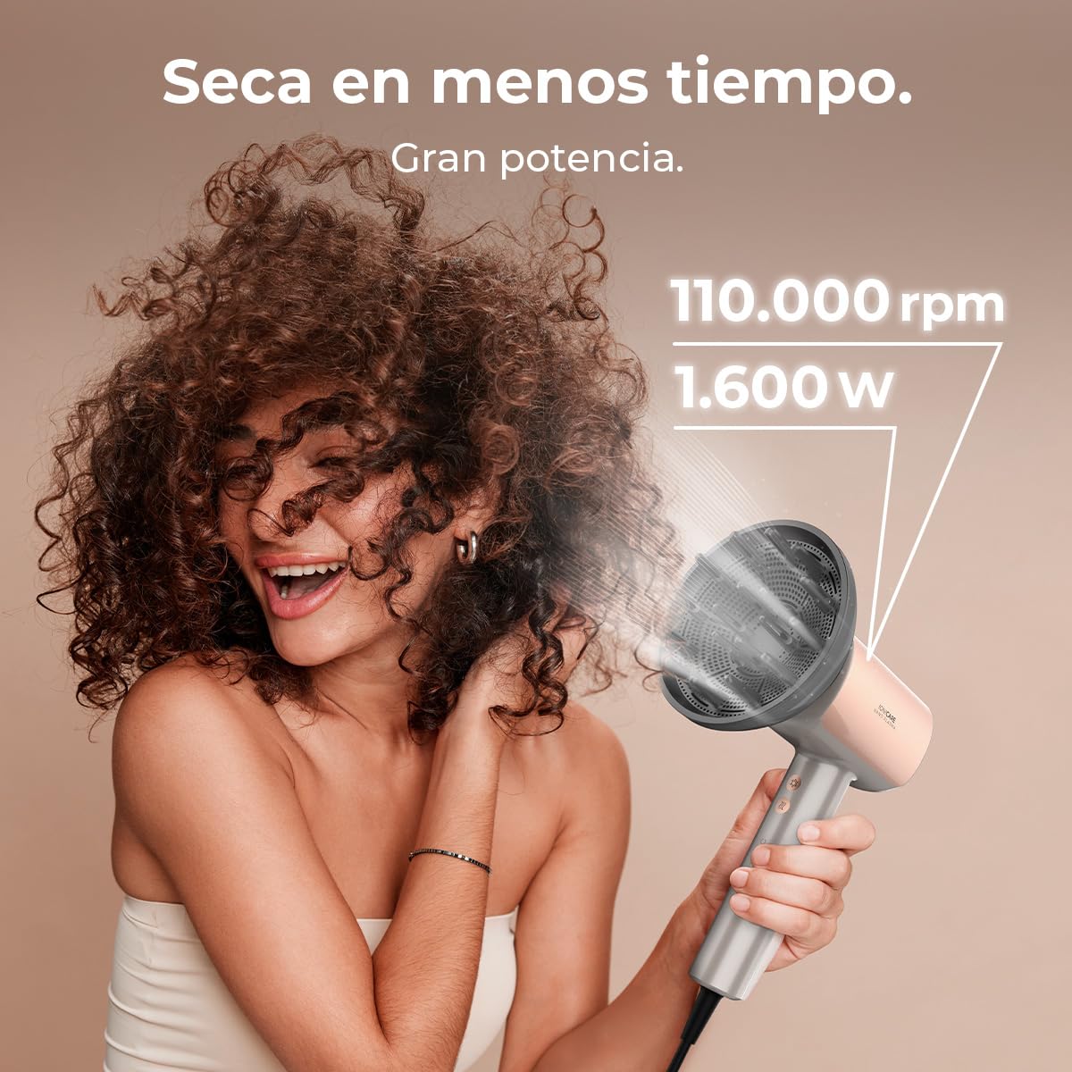 Cecotec Secador de Pelo Brushless de Última Generación DryGlam Nano Plasma Champagne. Potencia de 110,000 RPM y 1600W, Función de Plasma, Gran Flujo de Aire, Duradero, 3 Temperaturas y 3 Velocidades