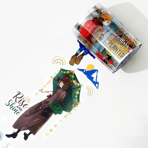 WT Cinta ancha de PET Fiery Dream, rollo único, diseños originales de personajes de chicas de moda, cinta decorativa transparente para diario,