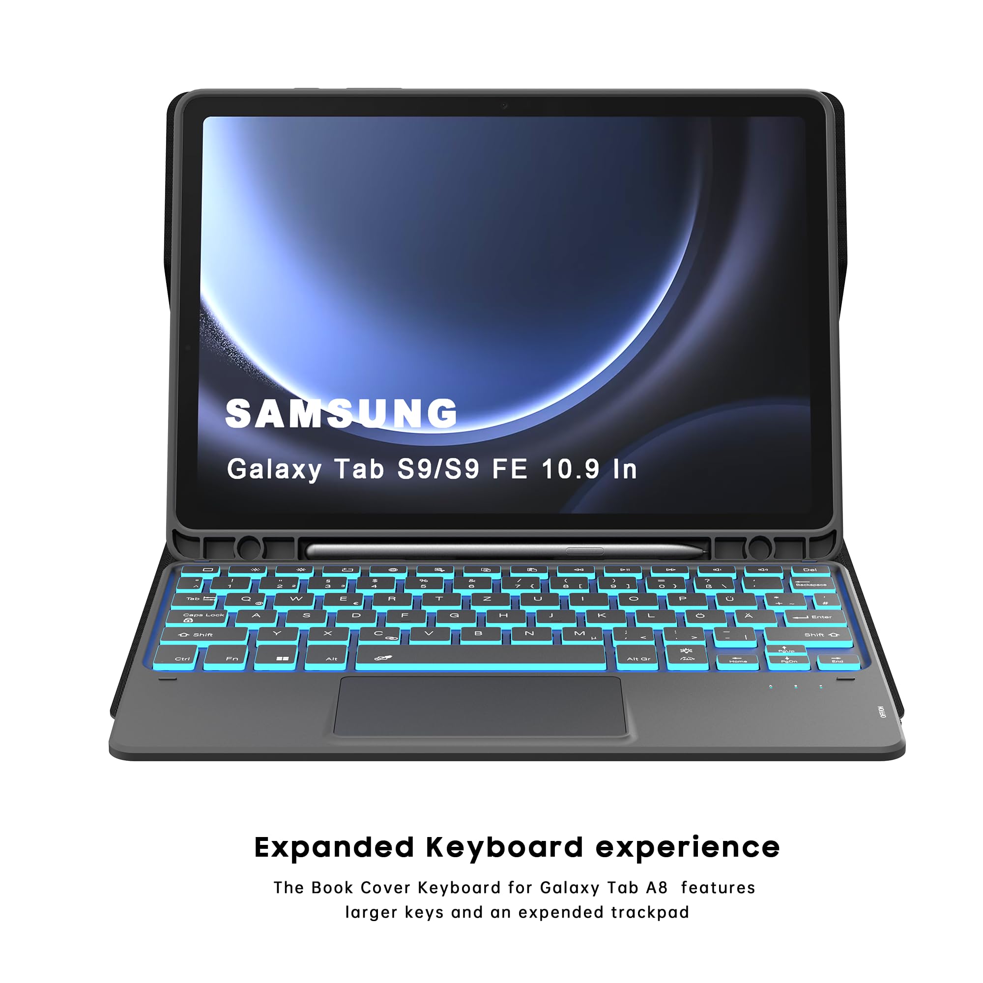 Etui na klawiaturę do Samsung Galaxy Tab S9 FE - 7 kolorowych oświetlenia touchpad tablet Cover z uchwytem na długopis - podświetlana klawiatura niemiecka QWERTZ Layout
