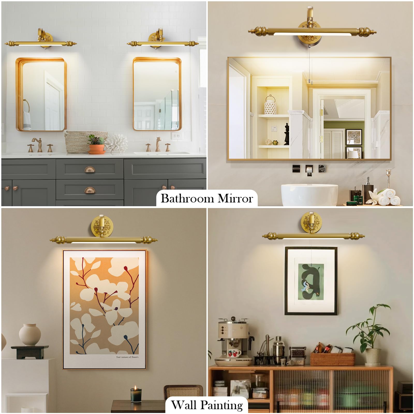 ACMHNC LED Spiegelleuchte Bad, mit Zugschalter, 51cm, Gold | 8W Spiegellampe Badezimmer Vintage, 4000K, 240° Drehbar, IP44 Badspiegel, Keine Schatten