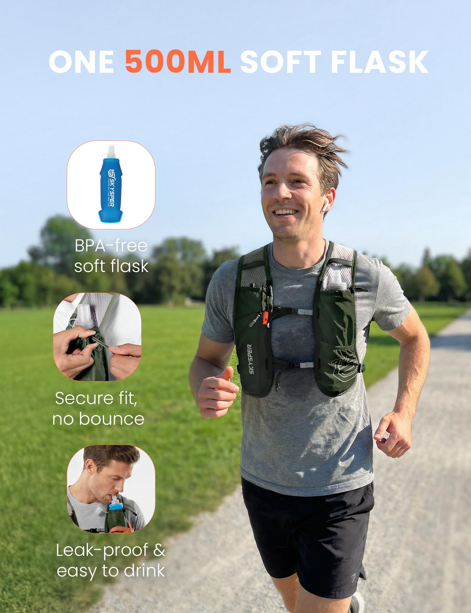 SKYSPER Kamizelka do biegania dla kobiet i mężczyzn, 12 l, plecak do biegania z bidonem o pojemności 500 ml, odblaskowa kamizelka do biegania, oddychająca kamizelka do biegania z kieszenią na telefon