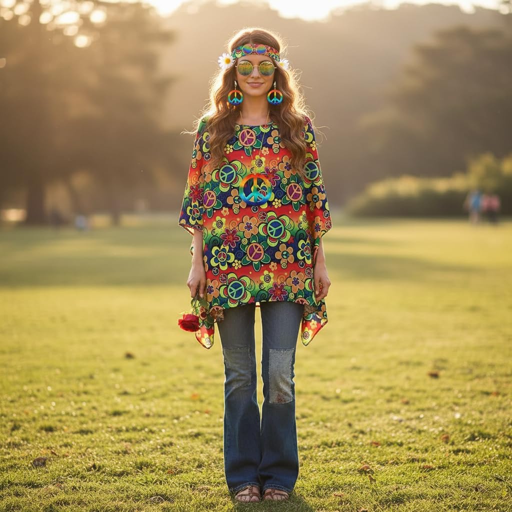 Women 60S 70S Hippie Poncho Outfits Costume for Adult Halloween Accessories