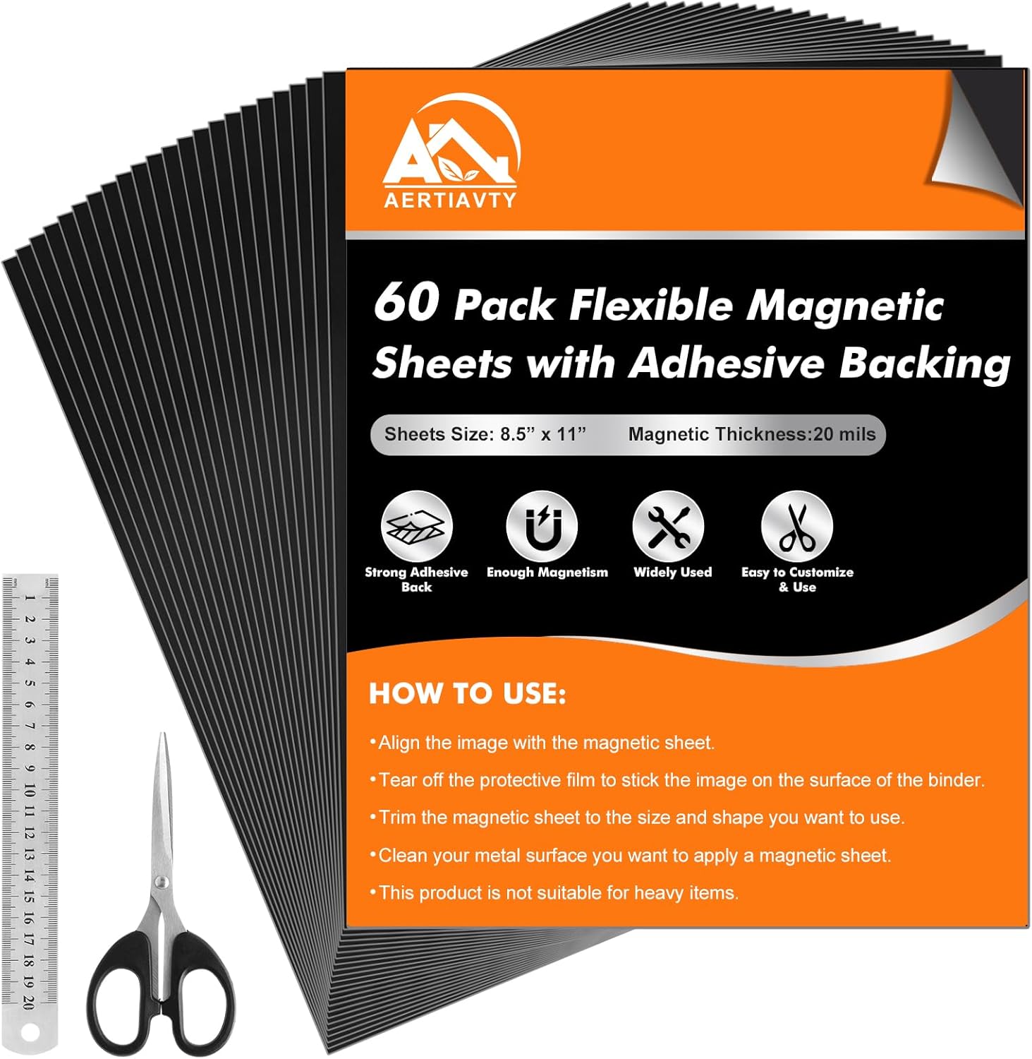 Aertiavty 60 Packs Magnetic Sheets with Adhesive Backing 8.5x11 Inch Adhesive Magnetic Sheets for Dies Storage - 20 Mil Magnetic Contact Paper Peel and Stick, Magnetic Strips with Adhesive Backing