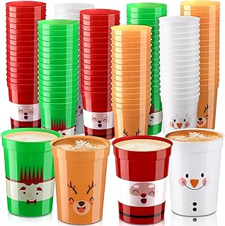 Sliner 120 Pcs Christmas Party Plastic Cups for Kids 8 oz Christmas Reusable Stadium Cups Holiday Plastic Tumblers Santa Elf Snowman Elk Face Design Cups for Xmas Holiday Party Supplies