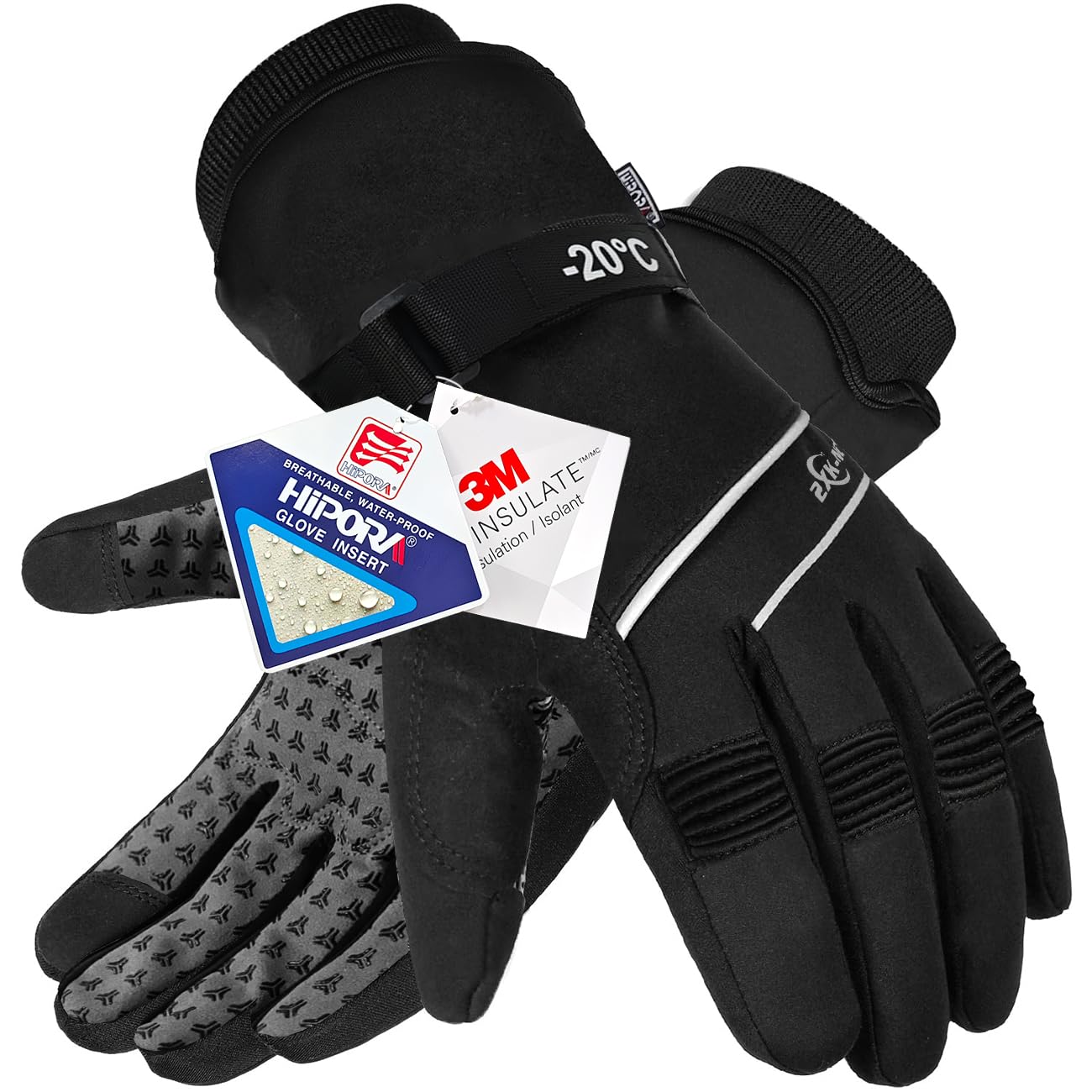 Gants de Ski Homme Femme - Gant Snowboard Homme Imperméables et Tactile, Gants 3m Thinsulate Hiver Noir, Men's Ski Gloves, for Cold Weather (Mesurez Tour de Paume Avant de Commander)