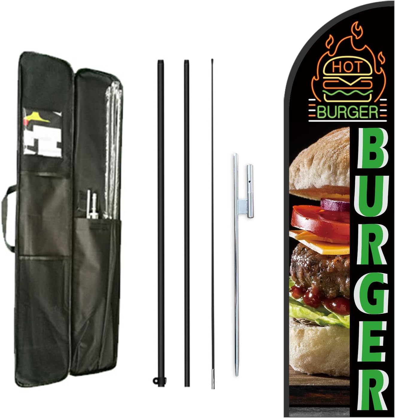 Burger Feather Flag Pole Kit for Hamburg Fast Food Store,Business Advertising Flag Kit Include 8 Feet Banner Flags and 12 Feet Flag Pole Kit,Heavy Duty Ground Stake and Portable Travel Bag