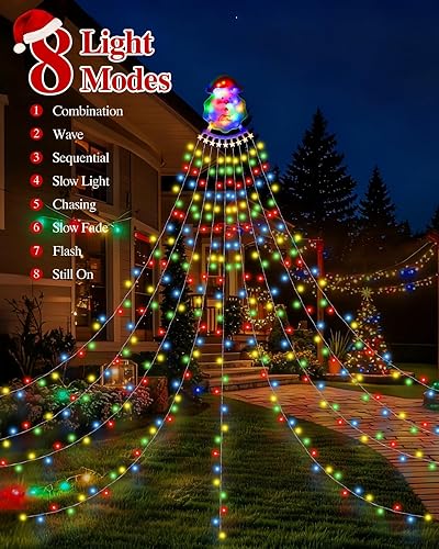 Miniatura 3 de Guirnalda de luces de Navidad para exteriores, 335 luces LED de 11.48 pies, 9 hebras de luces de árbol de cascada con parte superior, 8 modos de