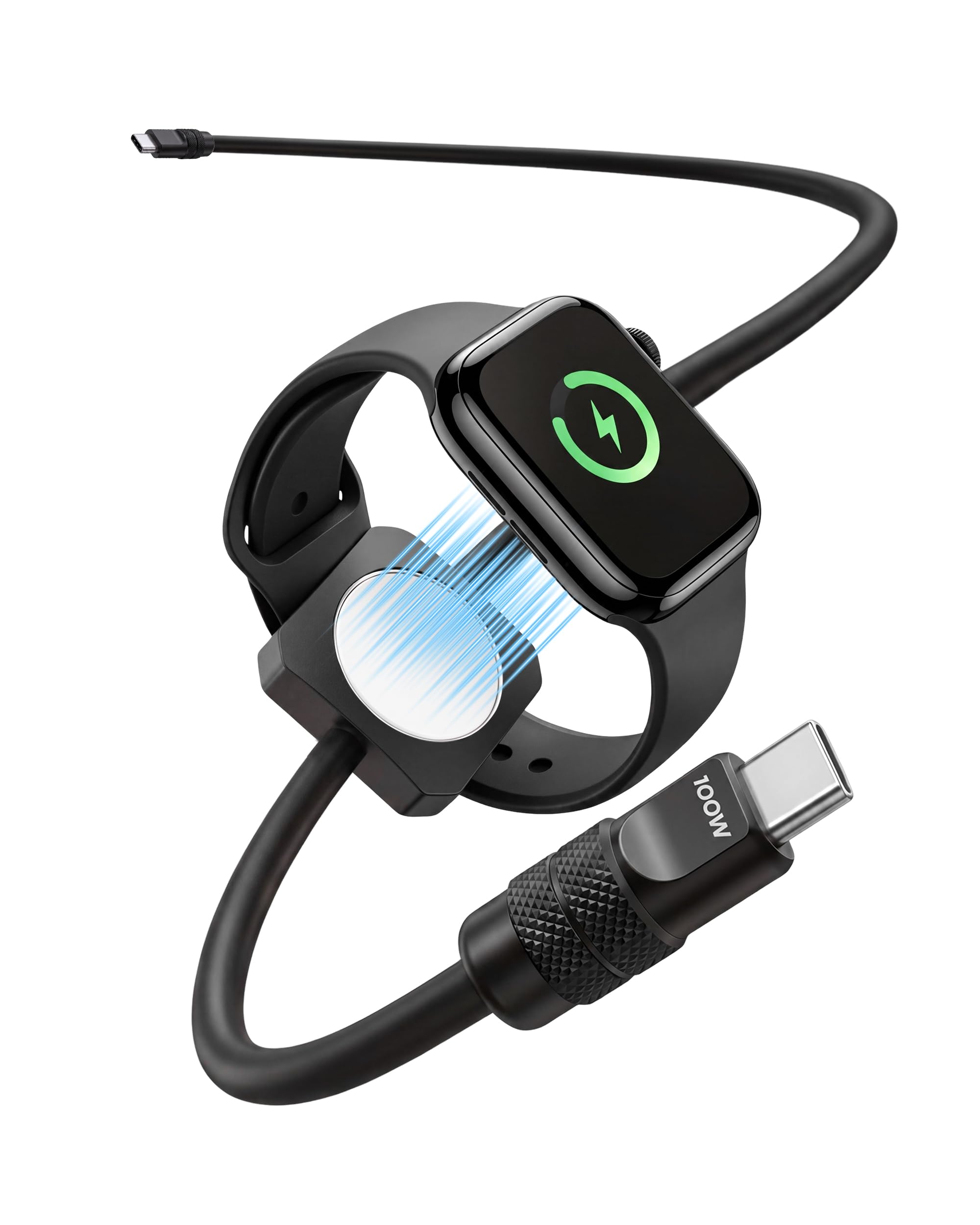 chubbycable Solo-Flex - Cavo USB-C 2 in 1, 100 W, ricarica rapida, 5 W, per Apple Watch, caricabatterie da 1,2 m, in silicone, compatibile con iWatch, AirPods, iPhone, iPad, MacBook, colore: nero