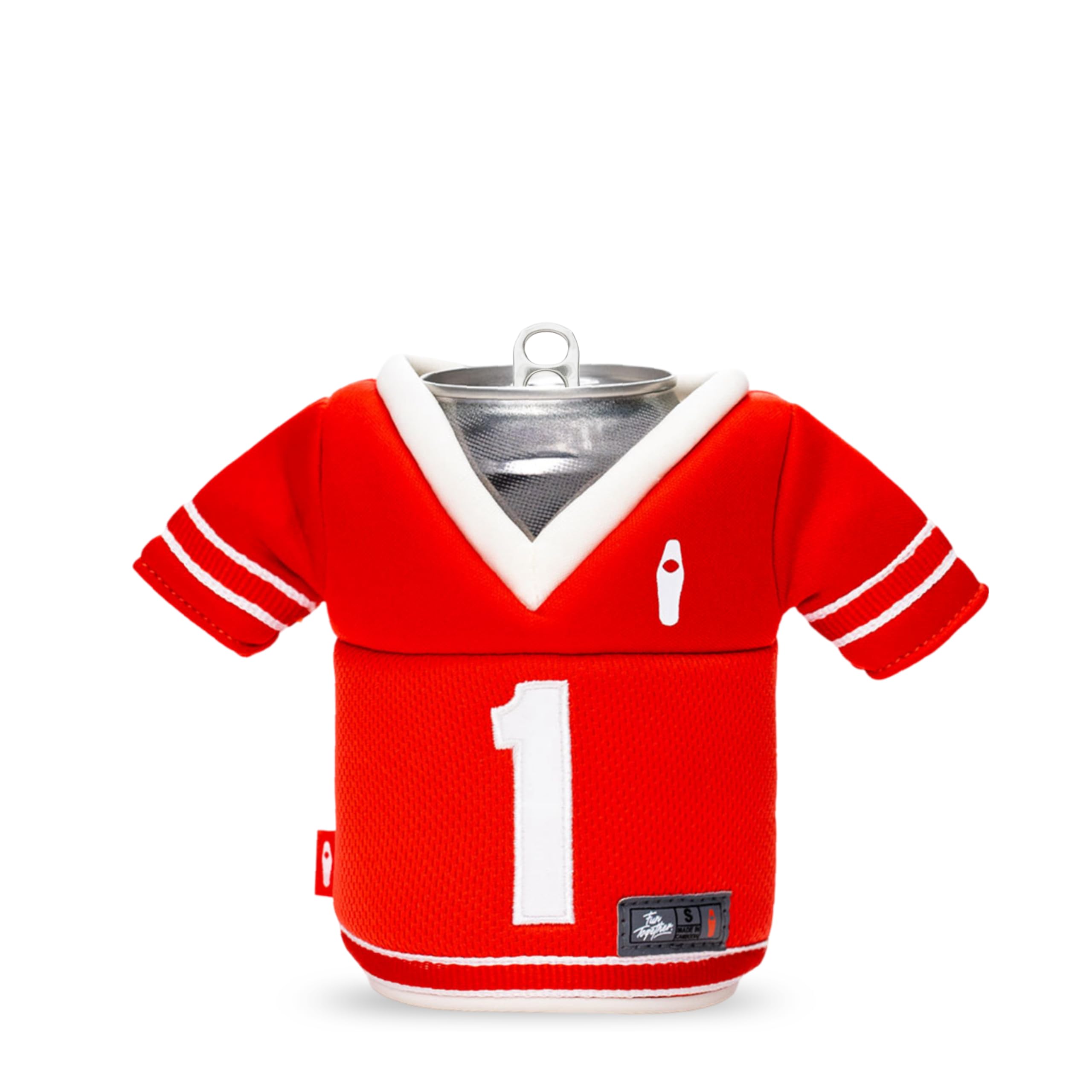 Puffin - The Gridiron Jersey - Insulated 12 oz Can Cooler I Beer Bottle & Soda Can Insulator, Keep Drinks and Beverages Cold (Risky Red/Sandy White)