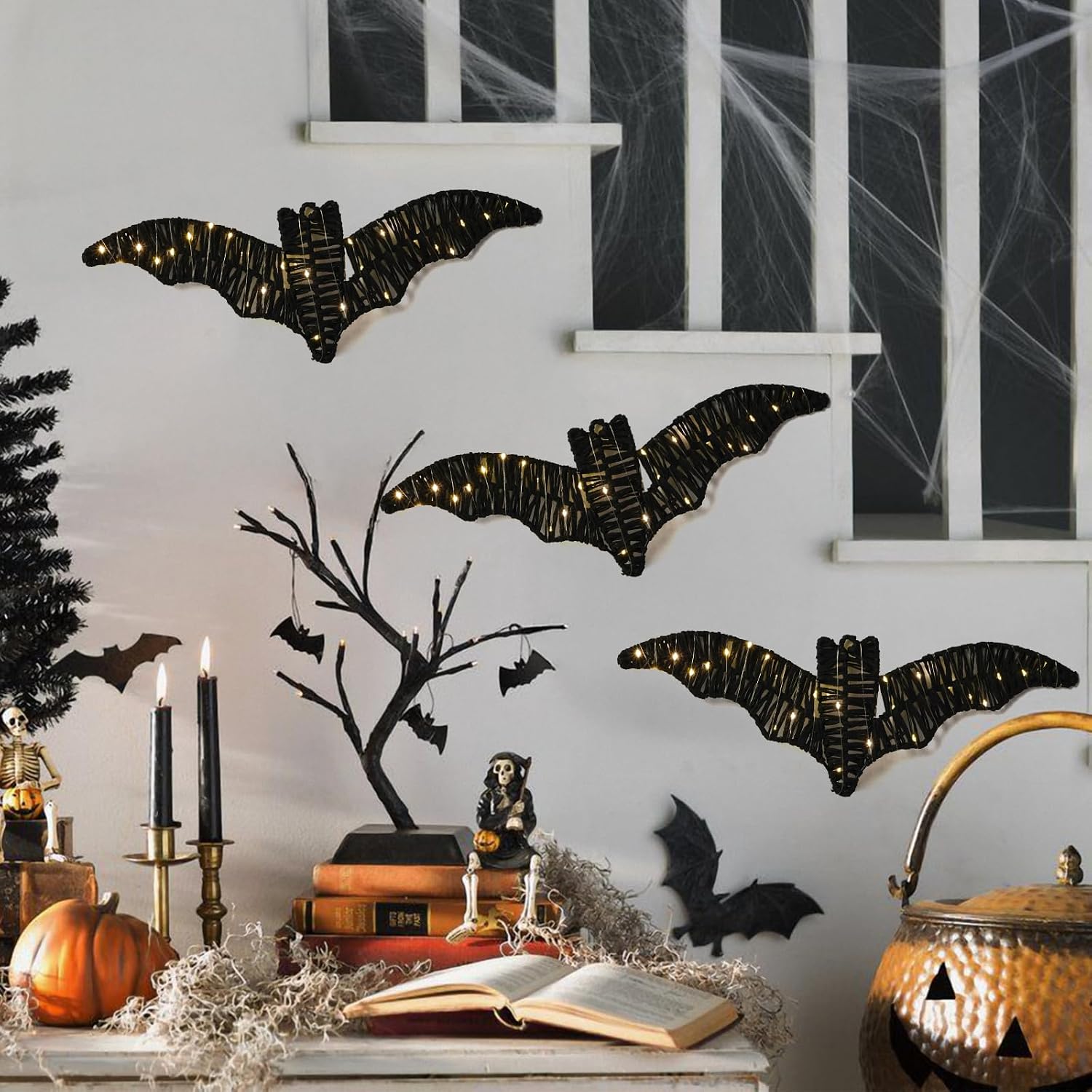 3 Pack Halloween Decorations Indoor Wall Decor with Lights & Batteries Included, Black Rattan Pre-Lit Spooky Bats Room Decor, 3D Hanging Signs for Covered Porch Home Haunted House Party