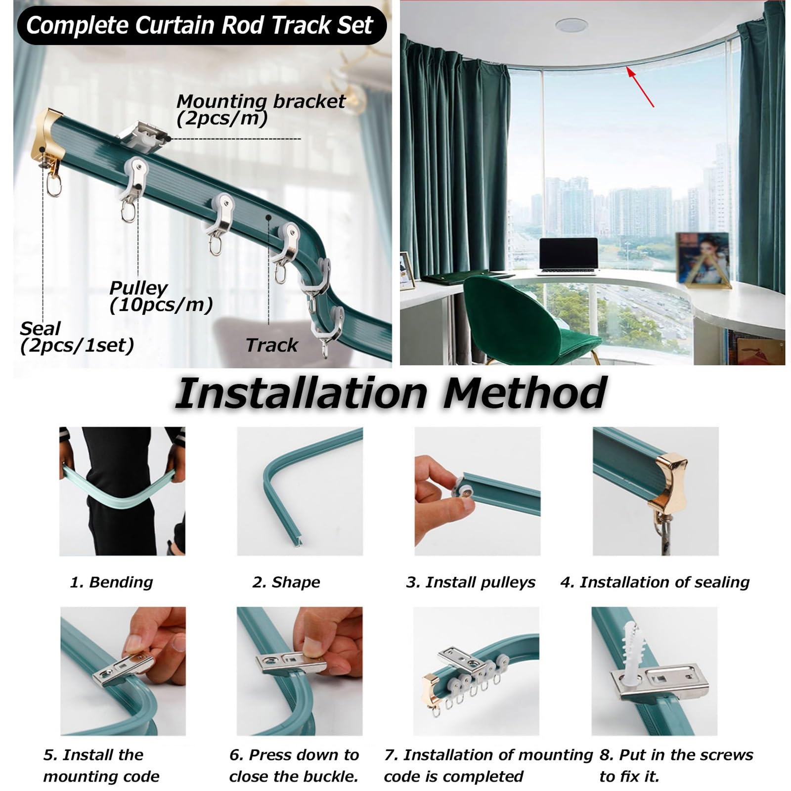 Rail de rideau incurvé en aluminium épais - Pour chambre à coucher, chambre à coucher, balcon, baie vitrée, poulie en forme de U, montage mural ou au plafond