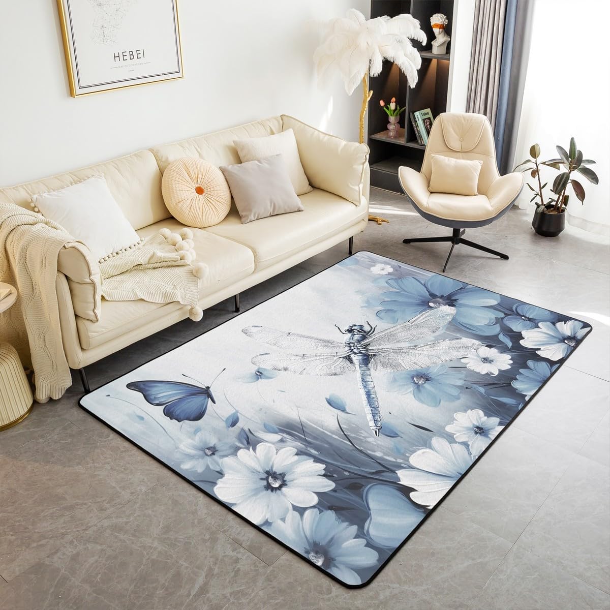 Erosebridal Dragonfly Area Rug 5x7, 3D Animals Flowers Indoor Floor Mat, White Blue Insects Printed Washable Rectangular Carpet for Bedroom Living Room, Butterflies Kids Boys Decorative Accent Rug