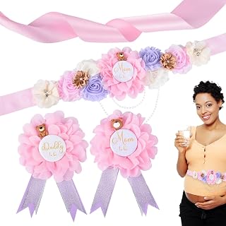 Juego de bandas de maternidad y corpiño – Cinturón para futura mamá y futuro papá con flores – 3 unidades cinturón abdominal accesorios para fotos de embarazo, decoraciones de baby shower