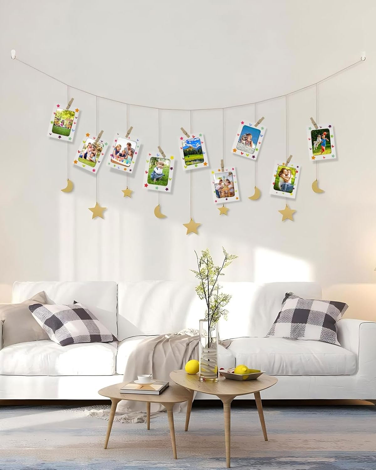 Cadres Photo en Papier 20pcs DIY Mini Clips en Bois Cordes en Chanvre Décoration Murale Maison