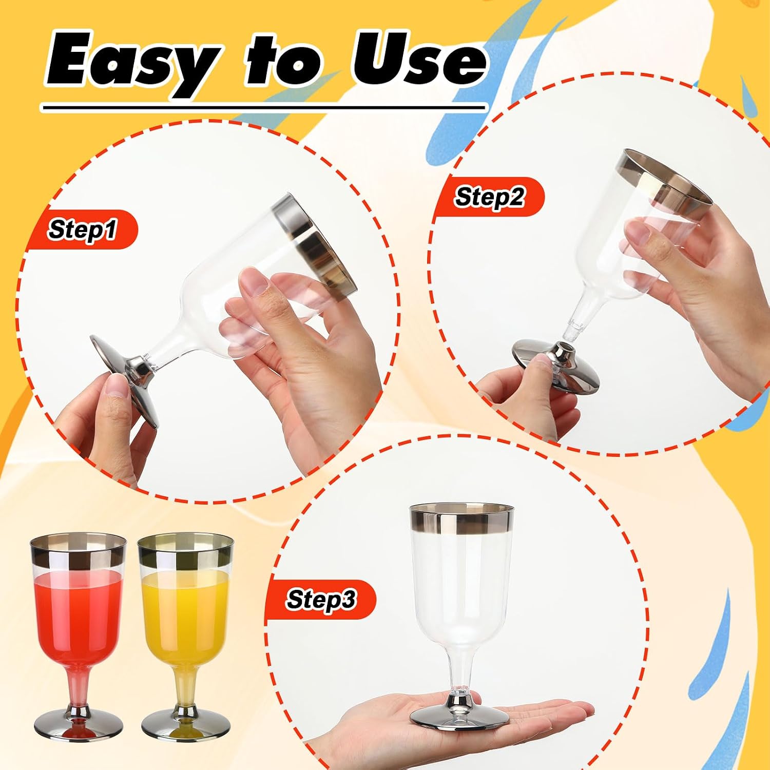 Uiifan 6 oz Plastic Wine Glasses, 100 Pcs, Reusable, Clear with Silver Rim, for Wedding, Birthday, Champagne Party Supplies