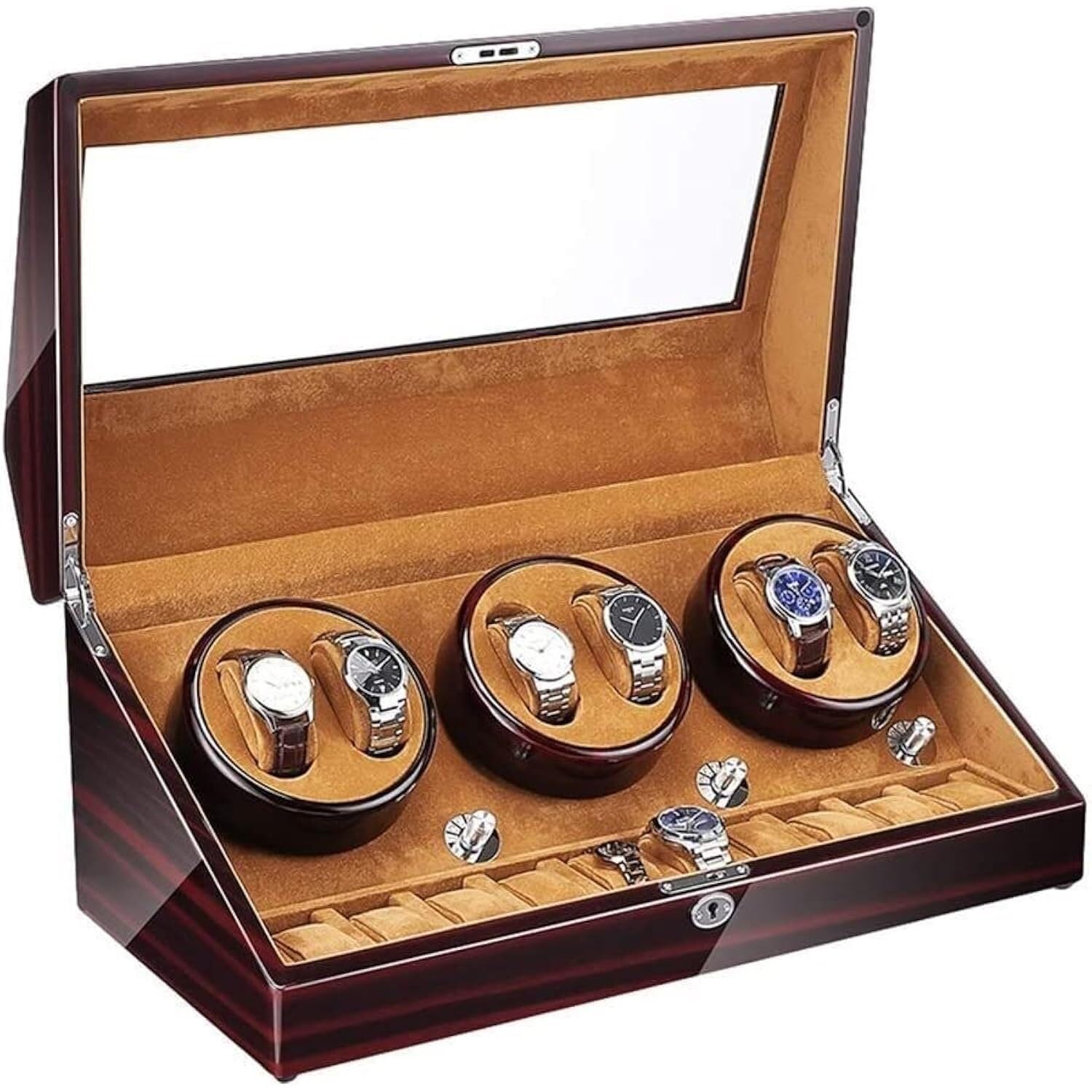 CGCSYZ Automatic Watch Winder 6+10 Storage, Super Quiet Motor with LED Backlight, Piano Paint Exterior, Ebony + Brown, 4 Rotation Modes