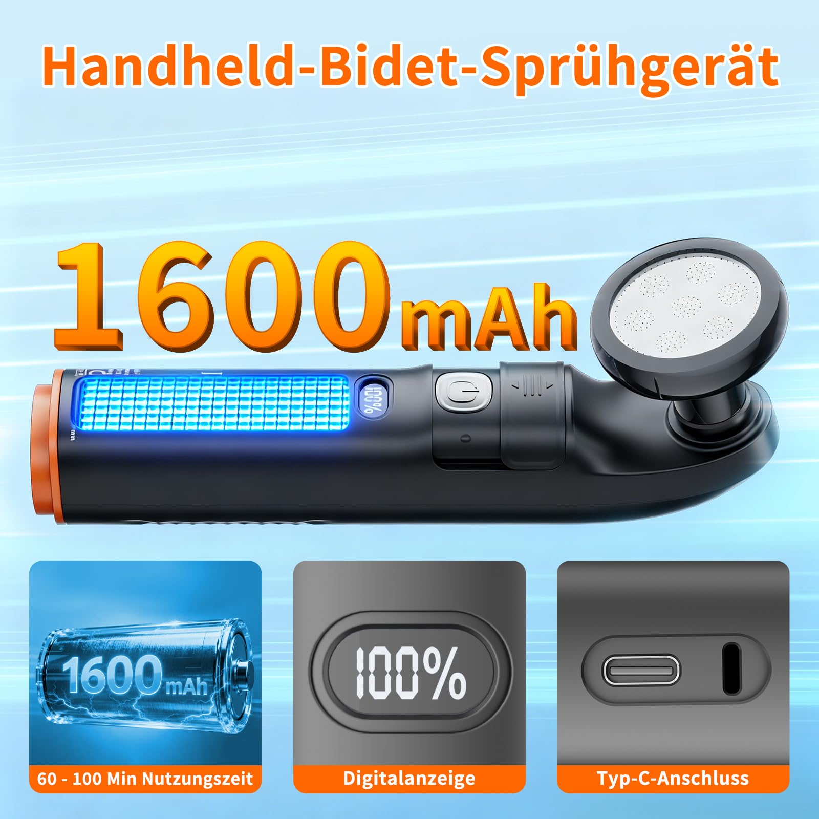 Tragbar Po Dusche Elektrisches Bidet, 2.5L Wassertank für Reise Outdoor & Wandern, ersetzt Feuchtes Toilettenpapier, ideal für Männer, Frauen, Schwangerschaft & Reisen,Duschbrause