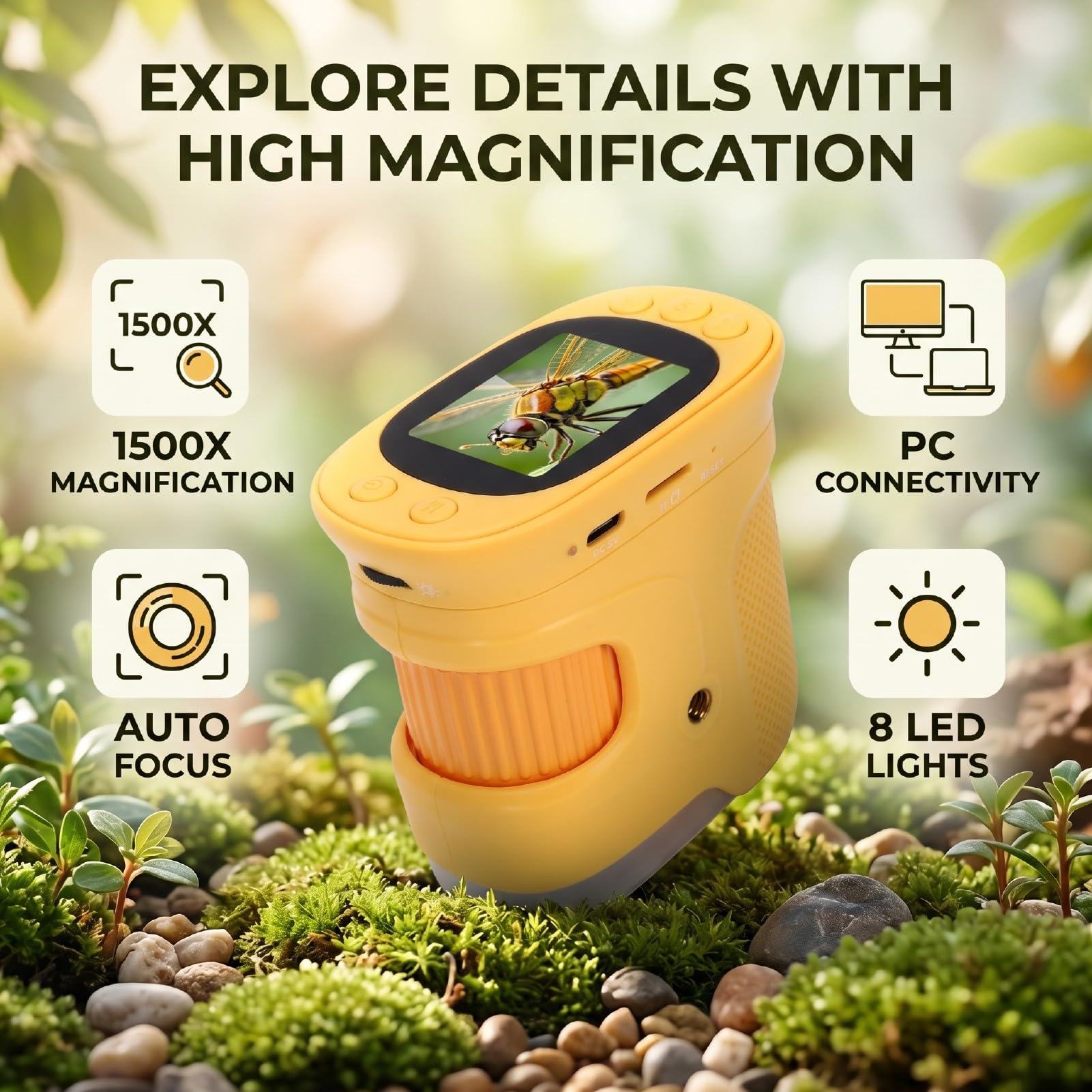 Handdigitalmikroskop, 2MP 1500X Handdigitalmikroskop mit AF-Autofokus 8 LED-Leuchten 2-Zoll-HD-Bildschirm für Erkundungen Im Freien