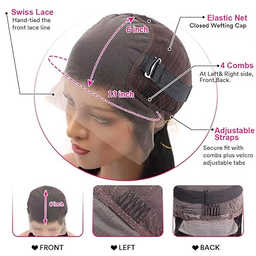 Vista 5 de mengkai Pelucas de cabello humano de 32 pulgadas con encaje frontal de 13x6, cabello humano predesplumado liso, peluca frontal de encaje HD