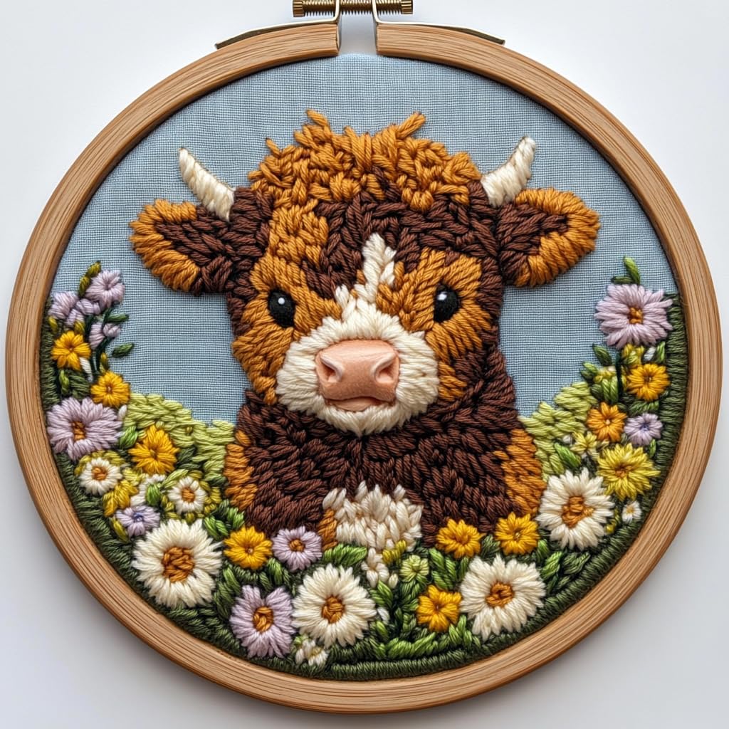 Punch Needle Kits Cute Baby Brown Highland Cow in Flowers Easy for Beginners DIY Punch Needle Yarn Starter Embroidery Set for Craft Lovers with Printed Pattern and Hoop for Home Decor 20x20cm(2)