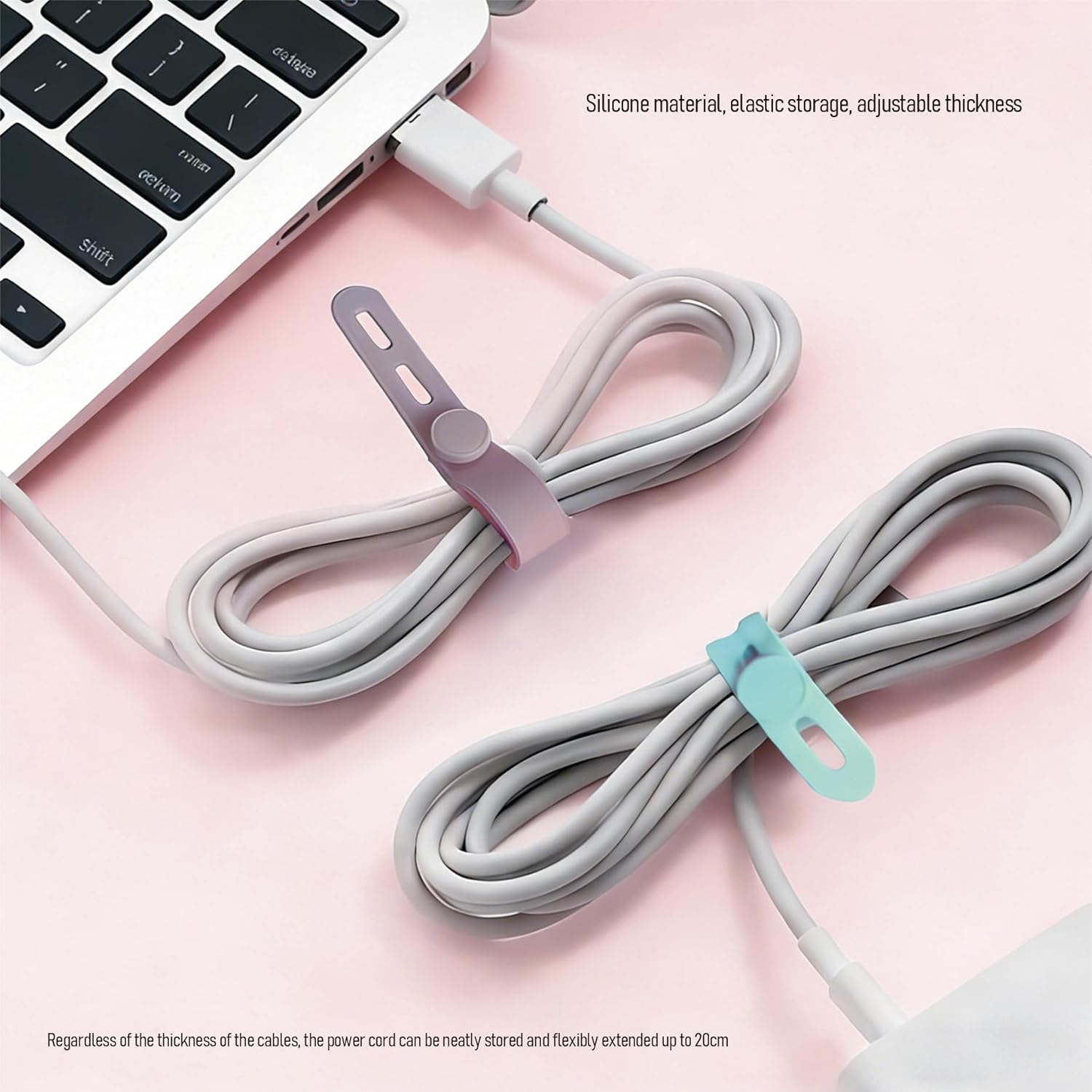 20PCS Reusable Silicone Cable Ties with Adjustable Locking Buckles Washable High Elasticity Cord Management Straps for Office School Organization (4 Colors)