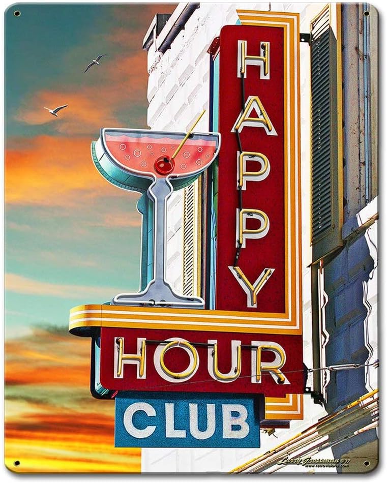 Losea Happy Hour Club Metal Tin Sign Wall Art Decor for Living Room Vintage Art Coffee Bar Signs Home Decor Gifts Decoration 8 x 12 inches
